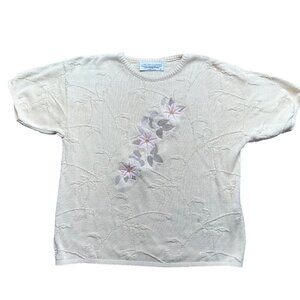 Chelsea Gardens Womens Vintage Floral Embroidered Cotton Short Sleeve Top Size M